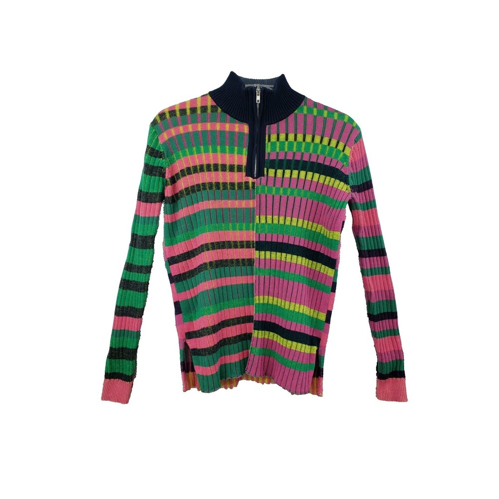 Zaket & Plover Fitted Sweater Size XS Pink Green Multi Striped 1/4 Zip High Neck